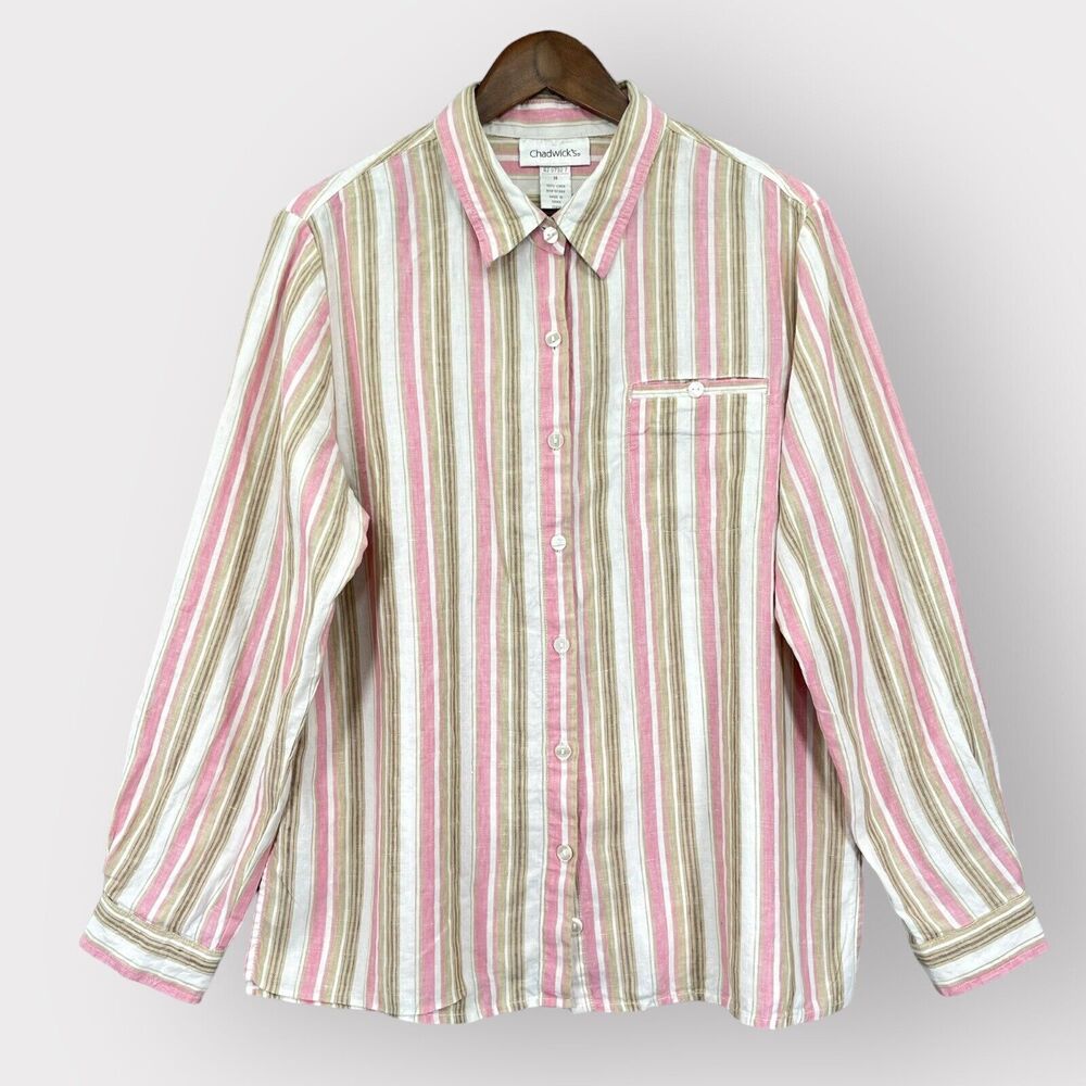 Chadwick's Button Up Top Women 14 Pink Brown Striped‎ Long Sleeve 100% Linen T86